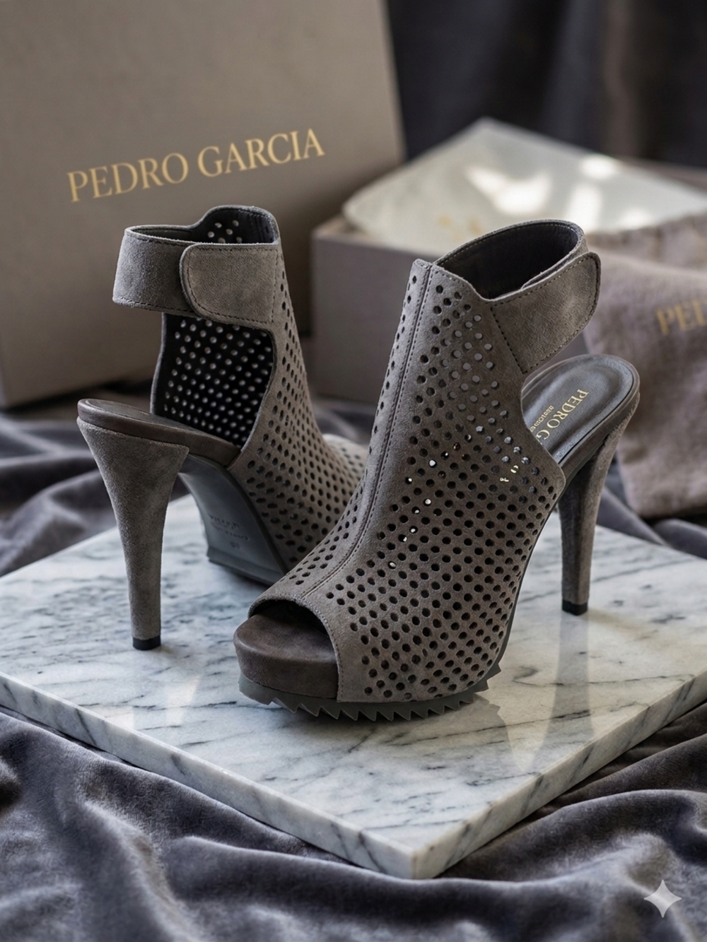 Pedro Garcia Taupe Suede Perforated Peep-Toe Stiletto Heels